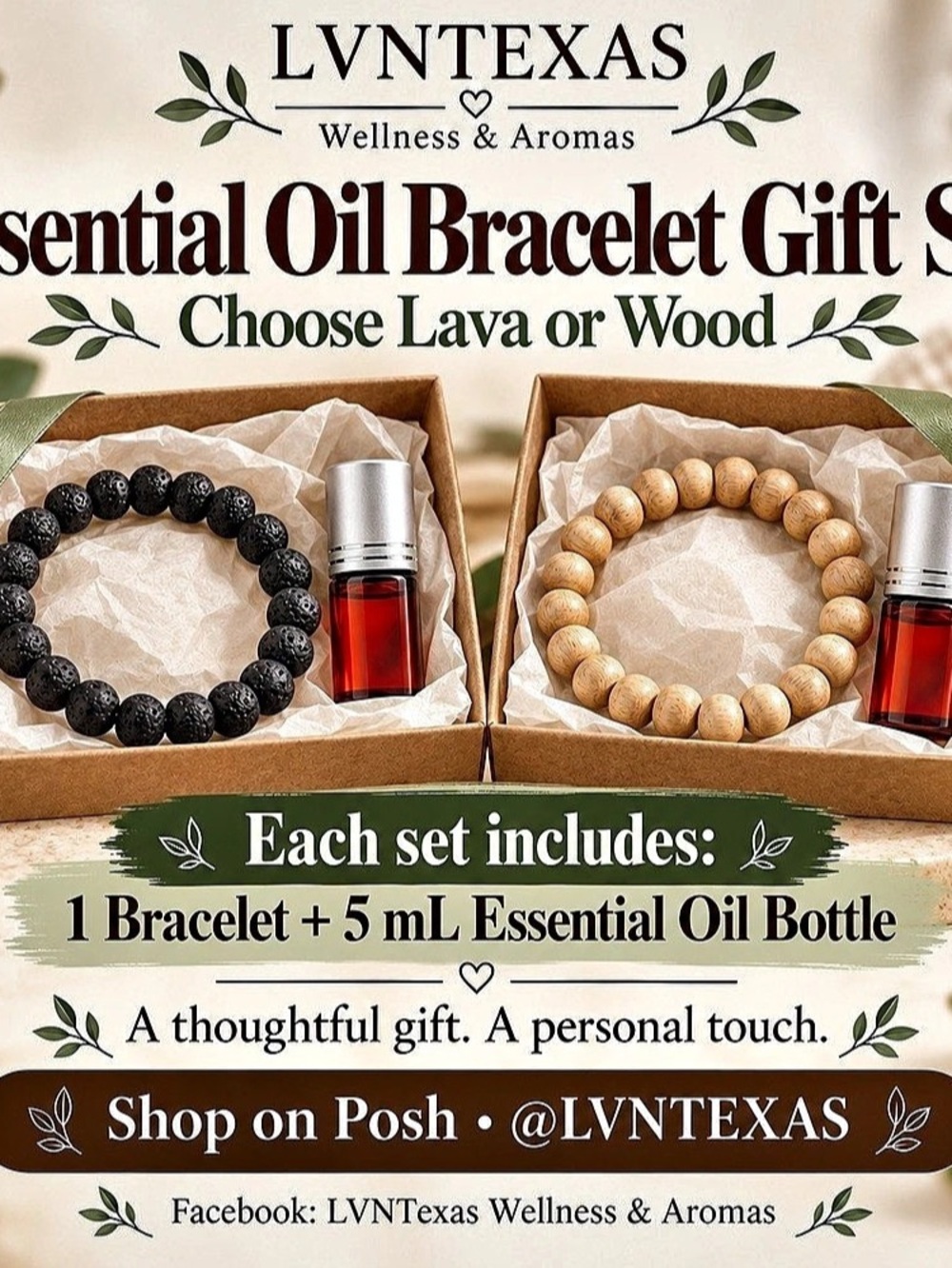 LVNTEXAS Essential Oil Bracelet Gift Lava or wood NWT